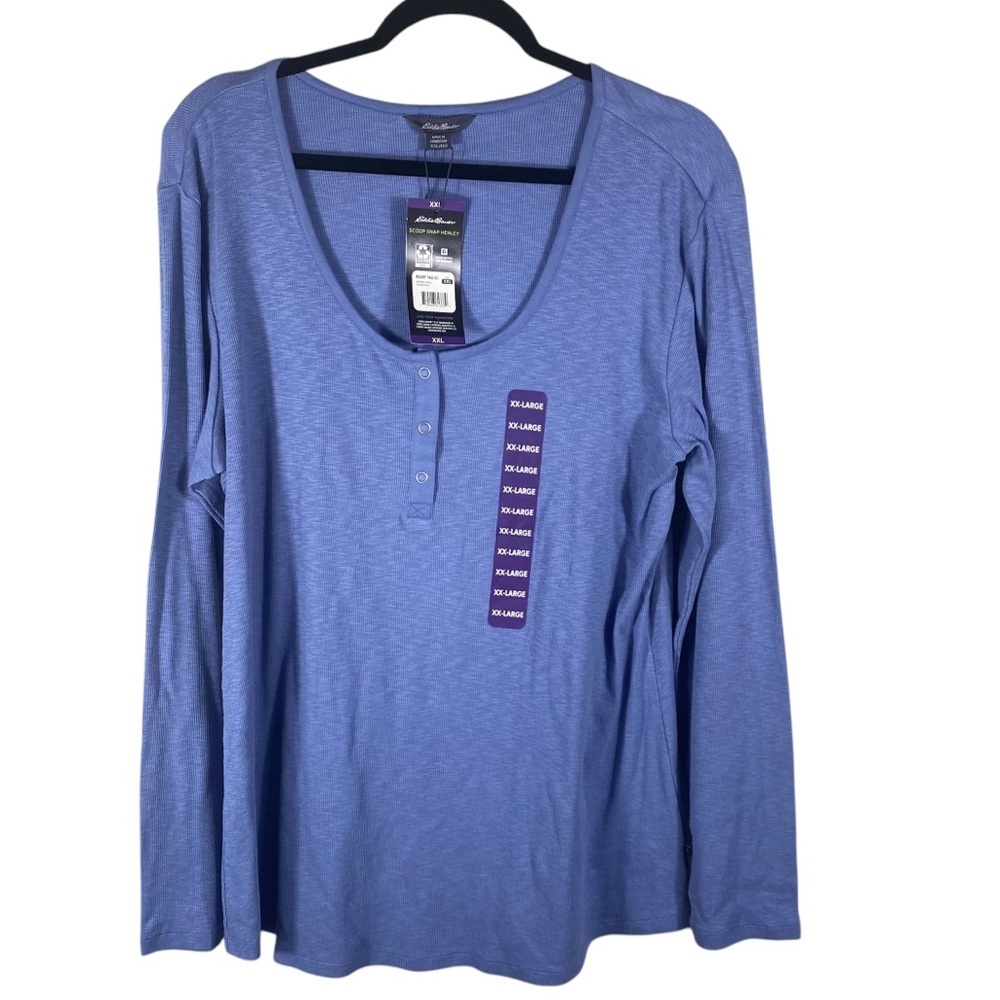 Eddie Bauer Scoop Neck Snap Front Long Sleeve Henley Top Blue XXL NWT